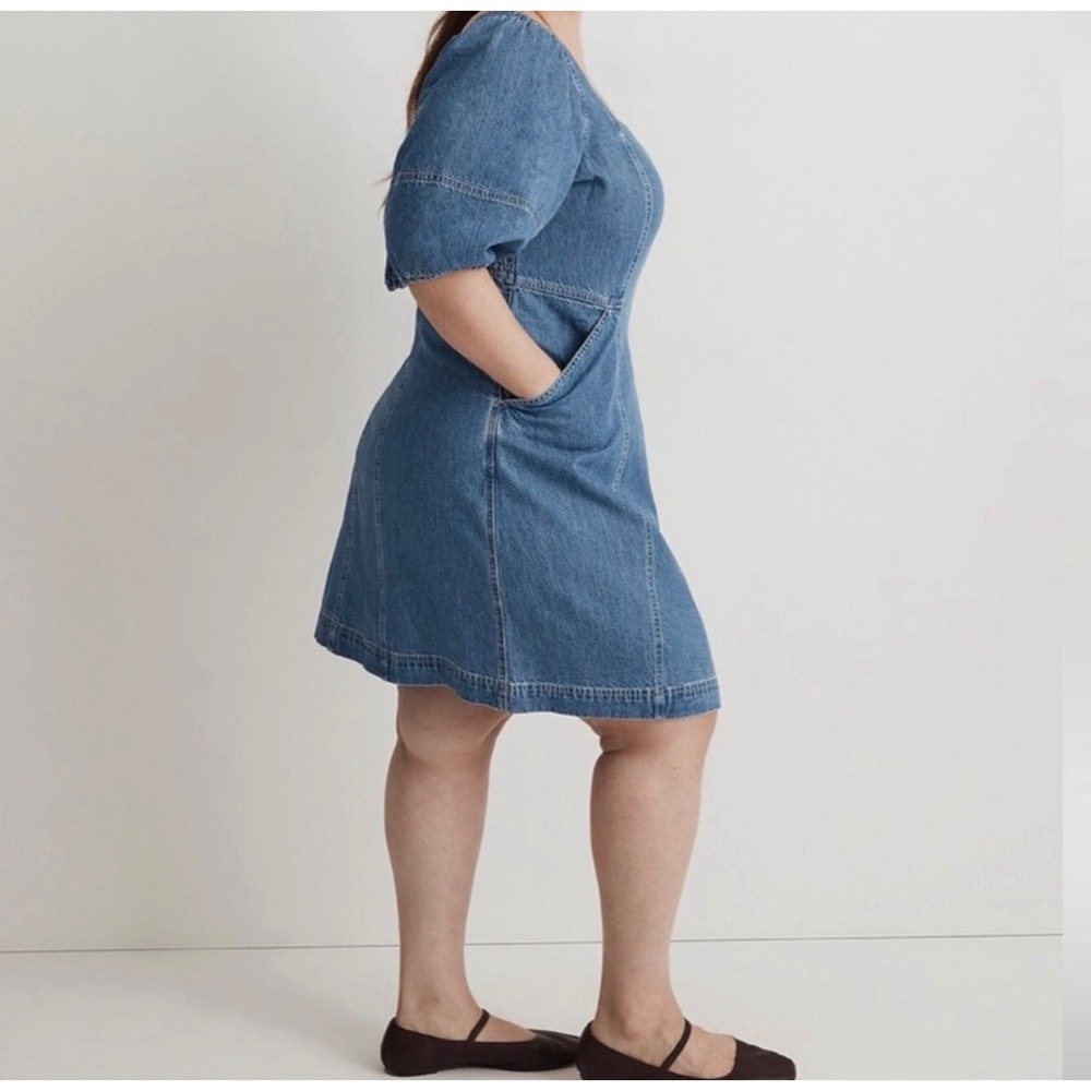 Madewell Denim Square Neck Puff Sleeve Mini Dress Blue Size 16W Pockets Cotton - Picture 4 of 14